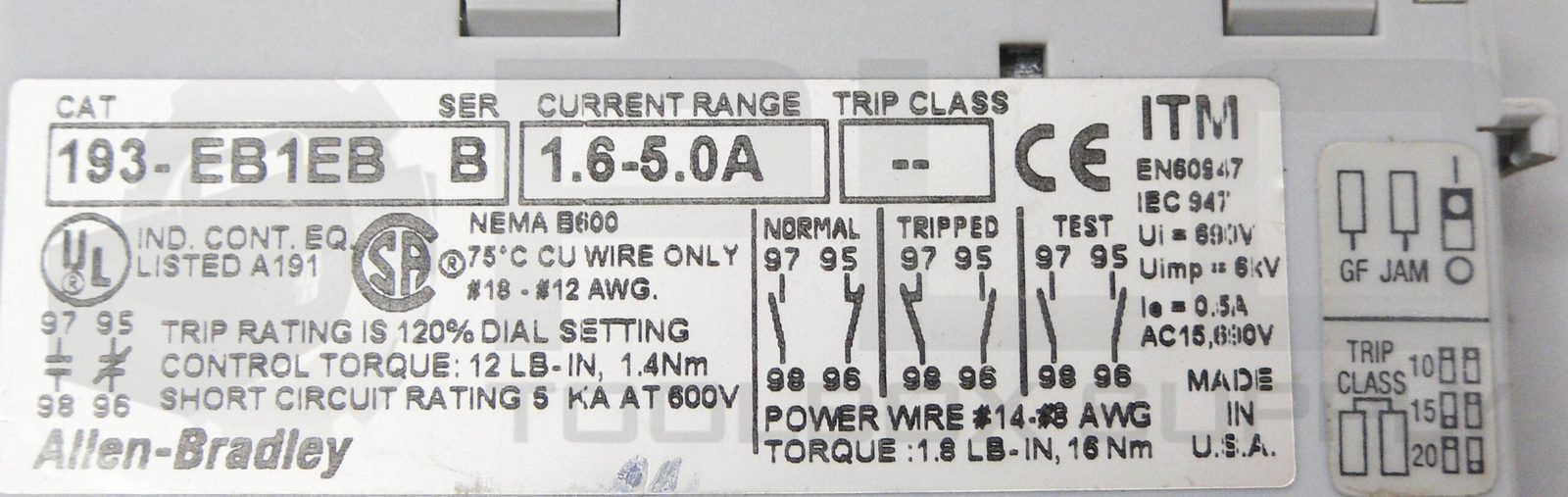 ALLEN BRADLEY 100-C09*10 /A CONTACTOR 600VAC 25A W/ 193-EB1EB /B OVERLOAD RELAY