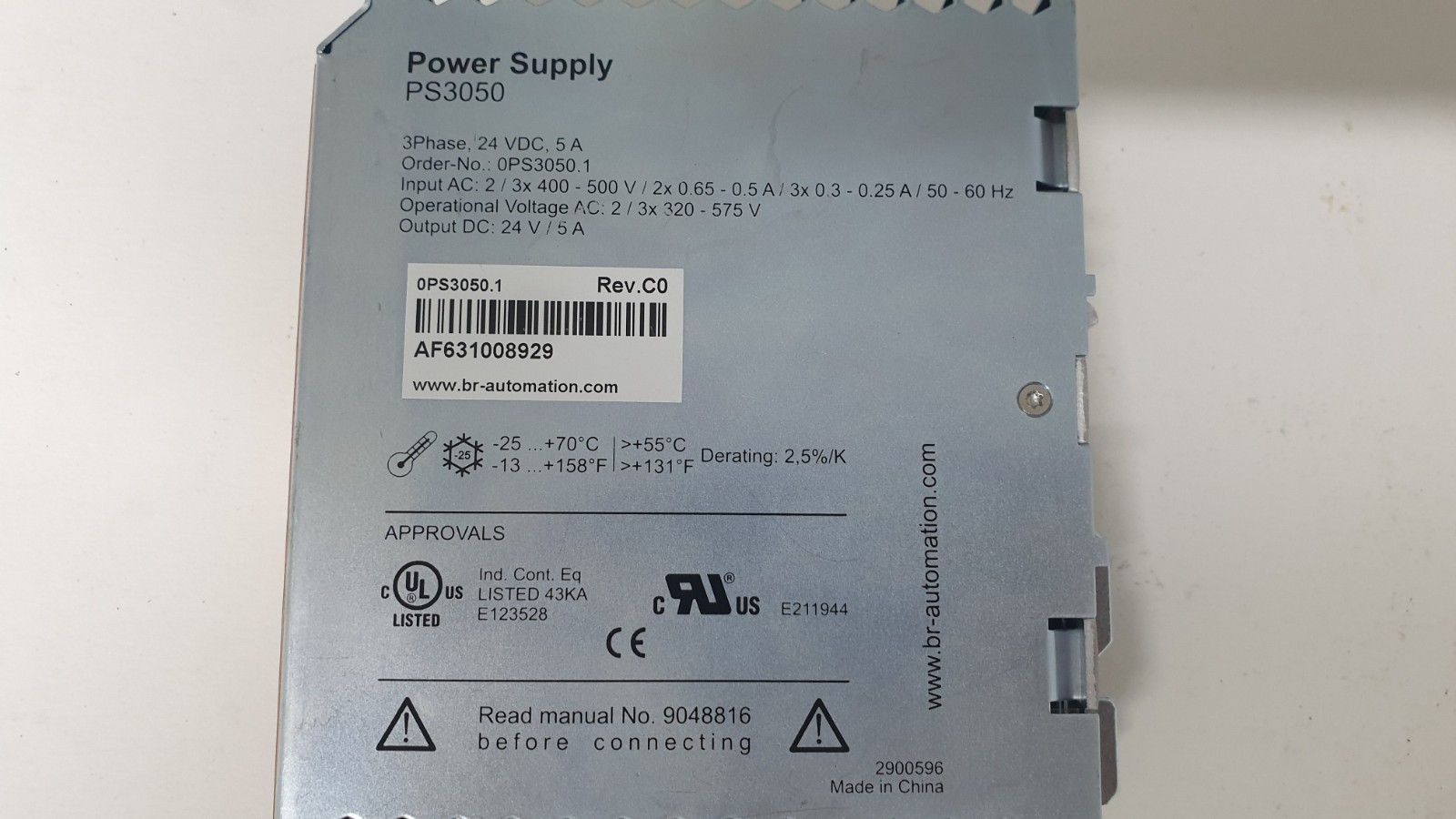 B&R Power Supply PS3050 – P/N 0PS3050.1 Rev. C0 – 24V DC 5A 3-Phase – USED