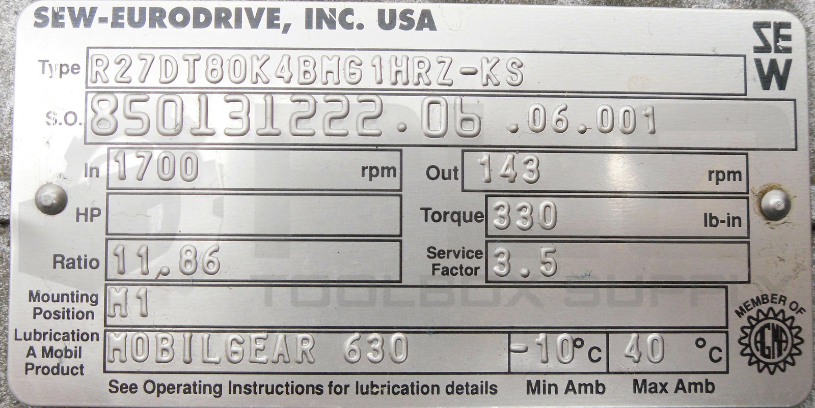 SEW EURODRIVE R27DT80K4BMG1HRZ-KS GEAR BOX RPM IN 1700 OUT 143 TORQUE 330