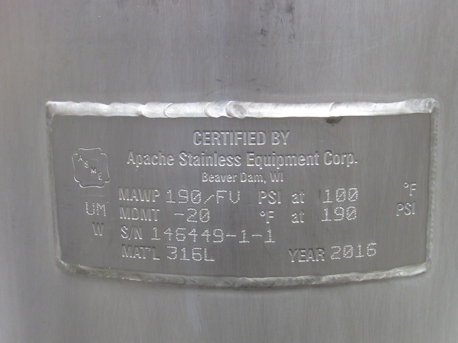 Apache 120-10 Stainless Pressure Vessel Tank 10.4 Gal 39.4L 190Psi 100°F 2016Yr