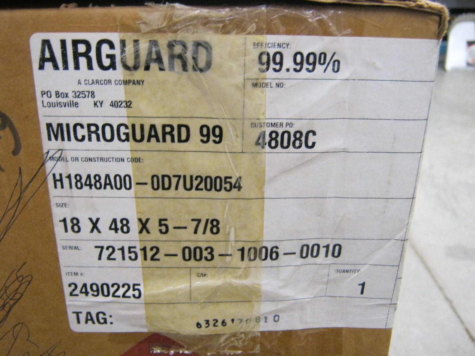 AIRGUARD H1848A00-0D7U20054 MICROGUARD 99 18x48x5-7/8
