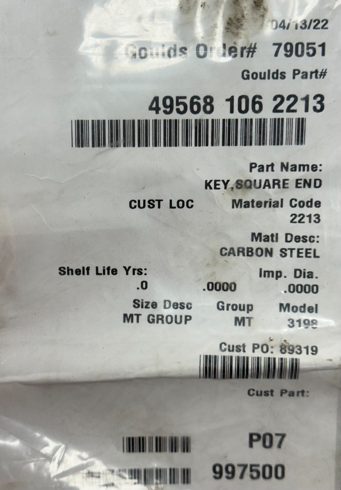 Gould 49568-61-2213 Shaft Square End Key