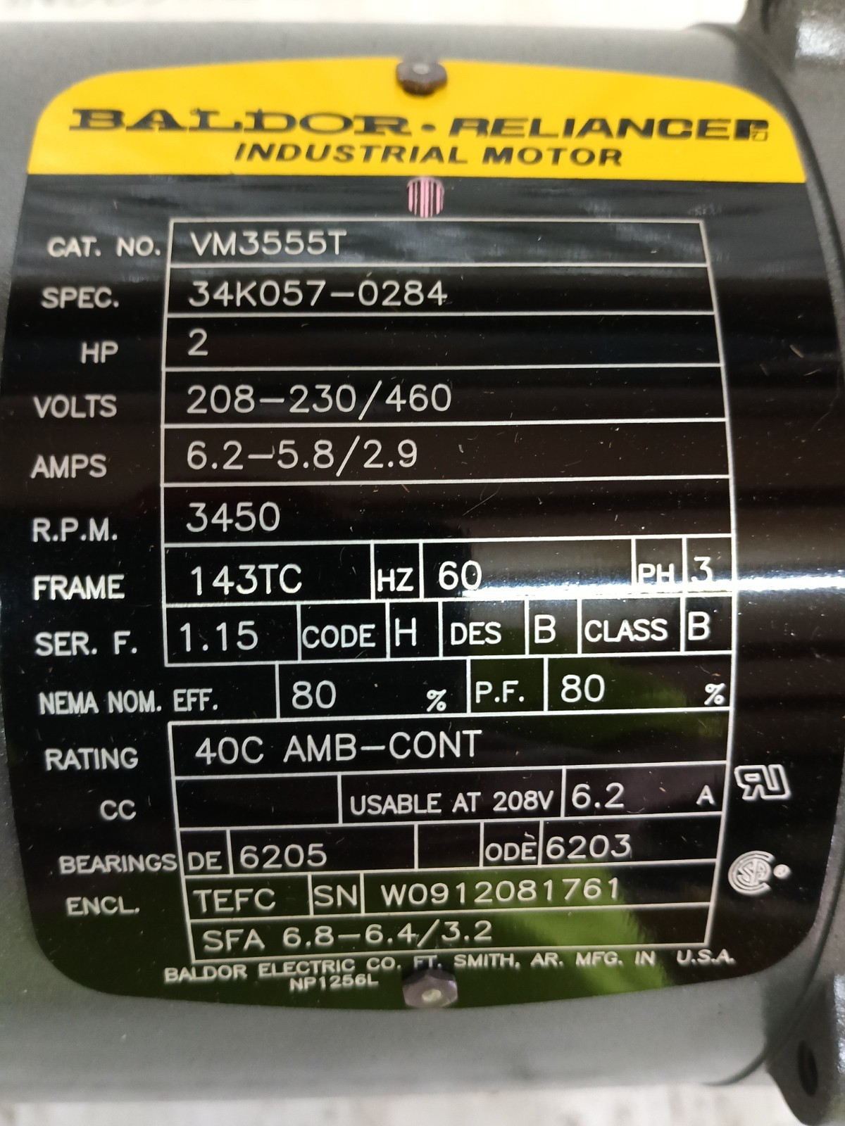 2HP BALDOR VM3555T MOTOR FRAME 143TC PH 3 VOLTS 208