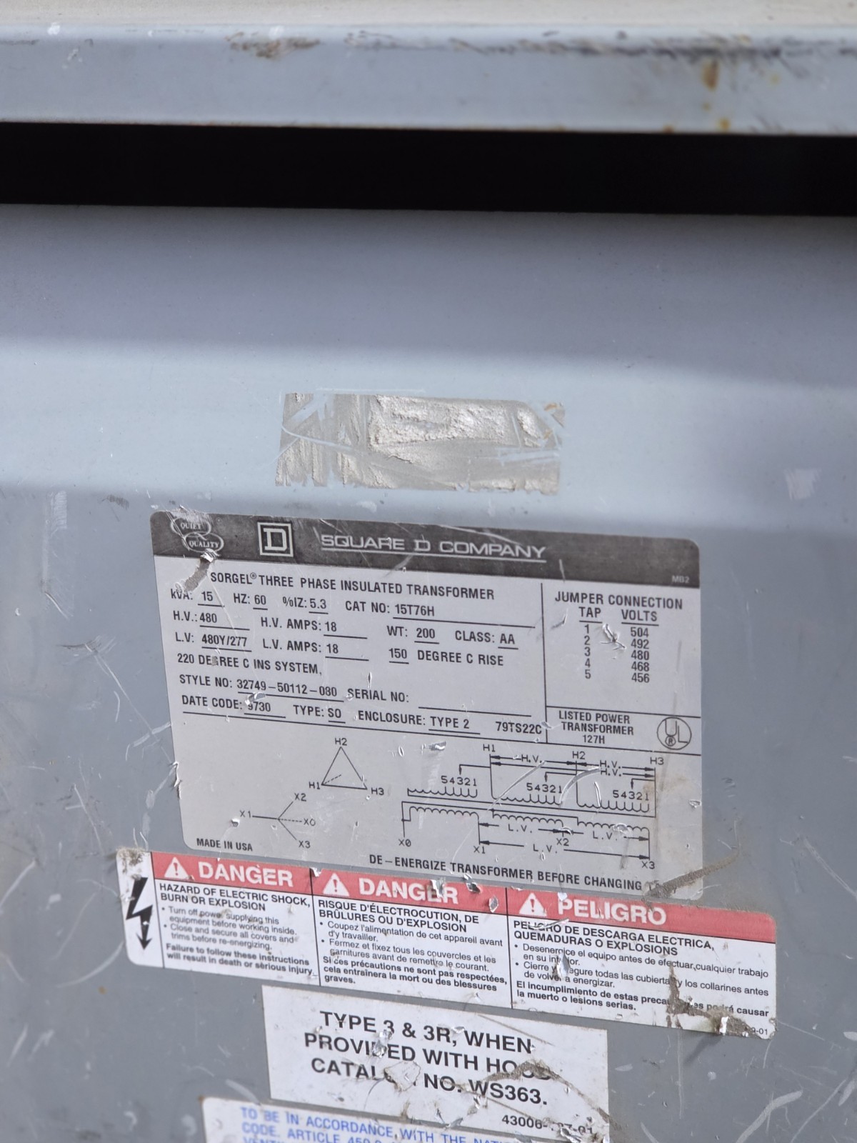 Square D 15kVA Transformer 480V to 480Y/277V 3 Phase Sorgel Type 15T76H