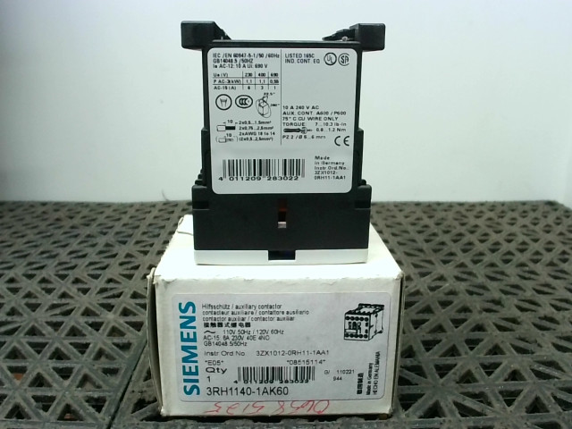 Siemens 3RH1140-1AK60 Contactor Relay 120VAC 60Hz-New In Box