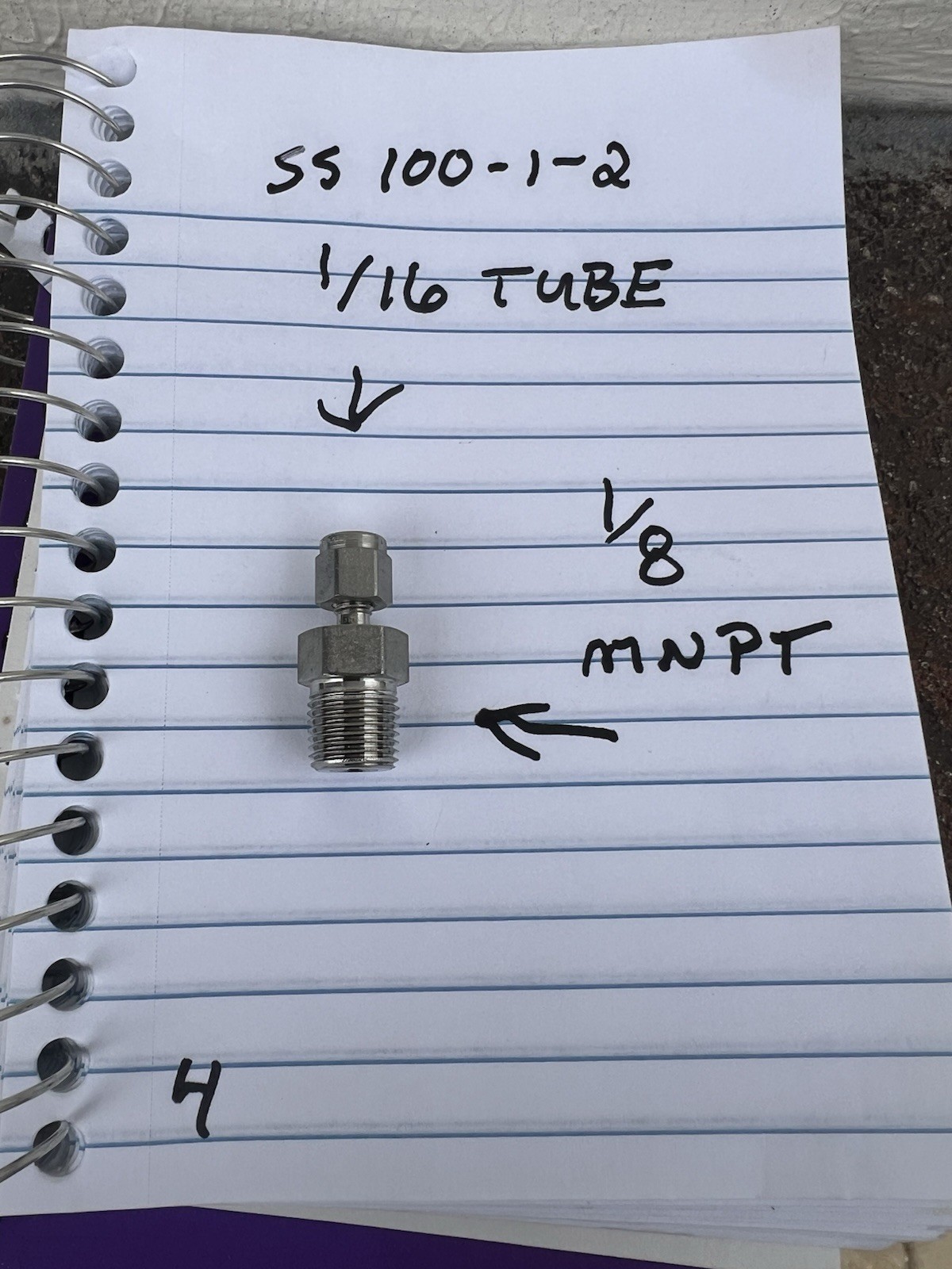 Swagelok SS-100-1-2BT TUBE FITTING, BORED-THROUGH MALE CONNECTOR 1/16”x1/8”