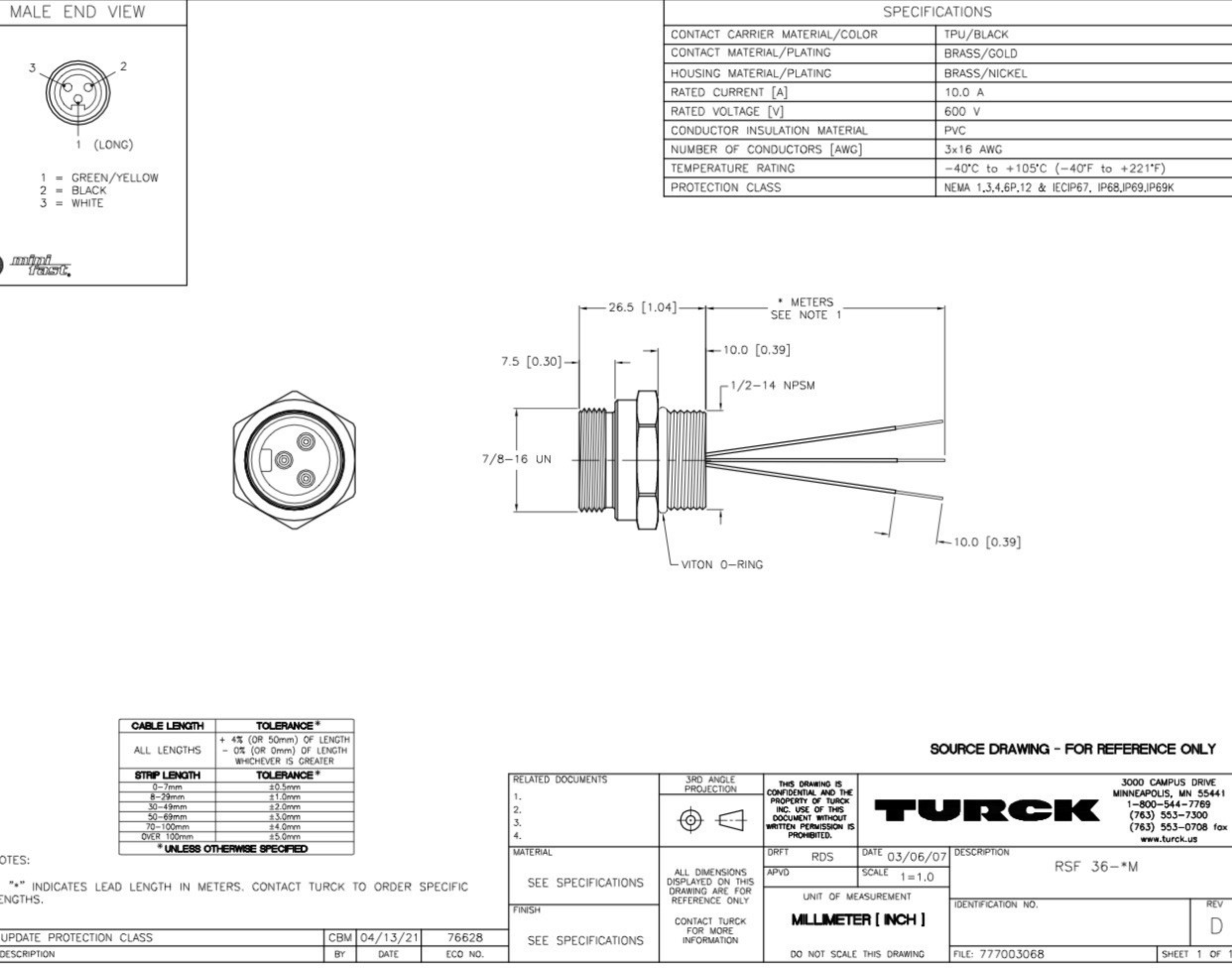 Turck RSF 36-1M Connector Male Receptacle Mini Fast 3 Pin Bulkhead Connector 1M