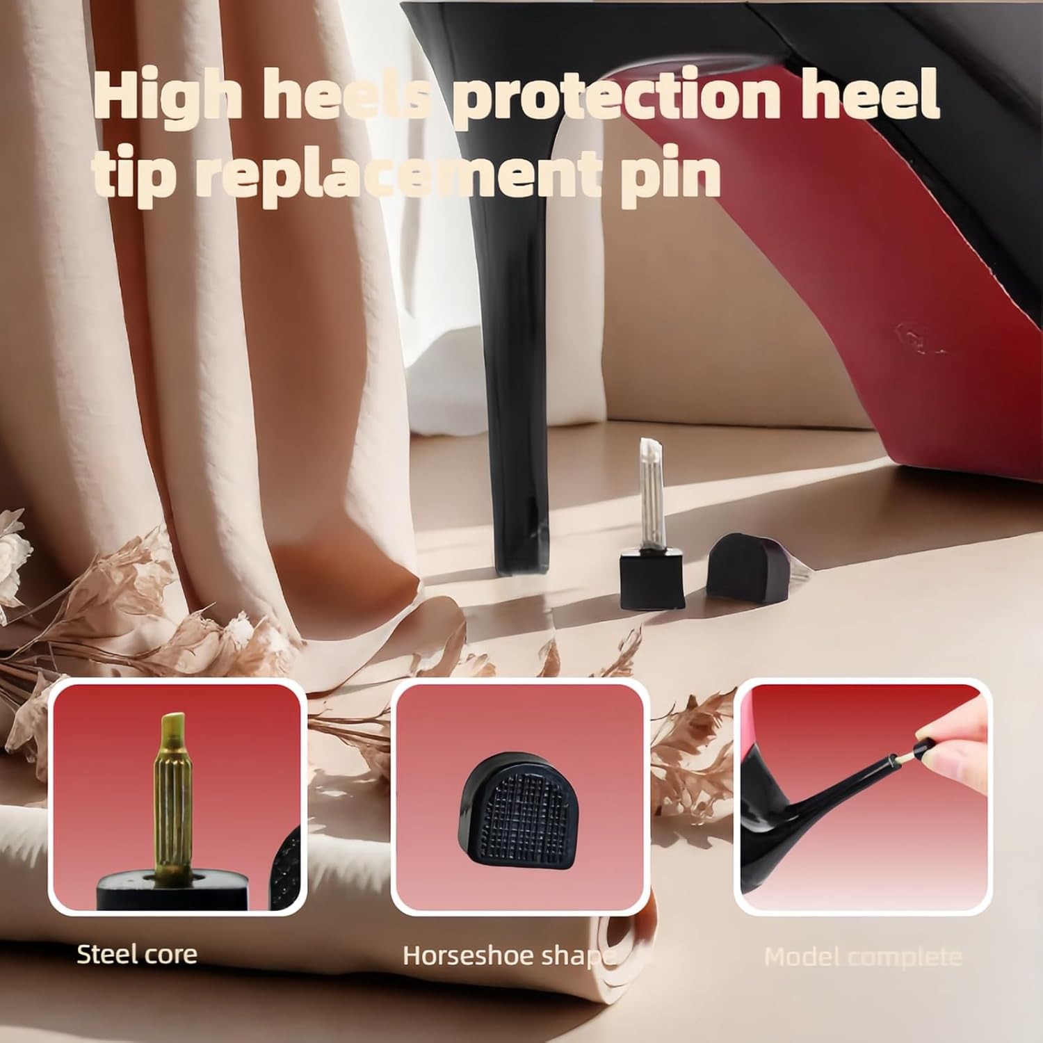 10 Pairs High Heel Tips Replacement – U/Cap Style, 2.4mm & 3mm Metal Core, 5 Siz