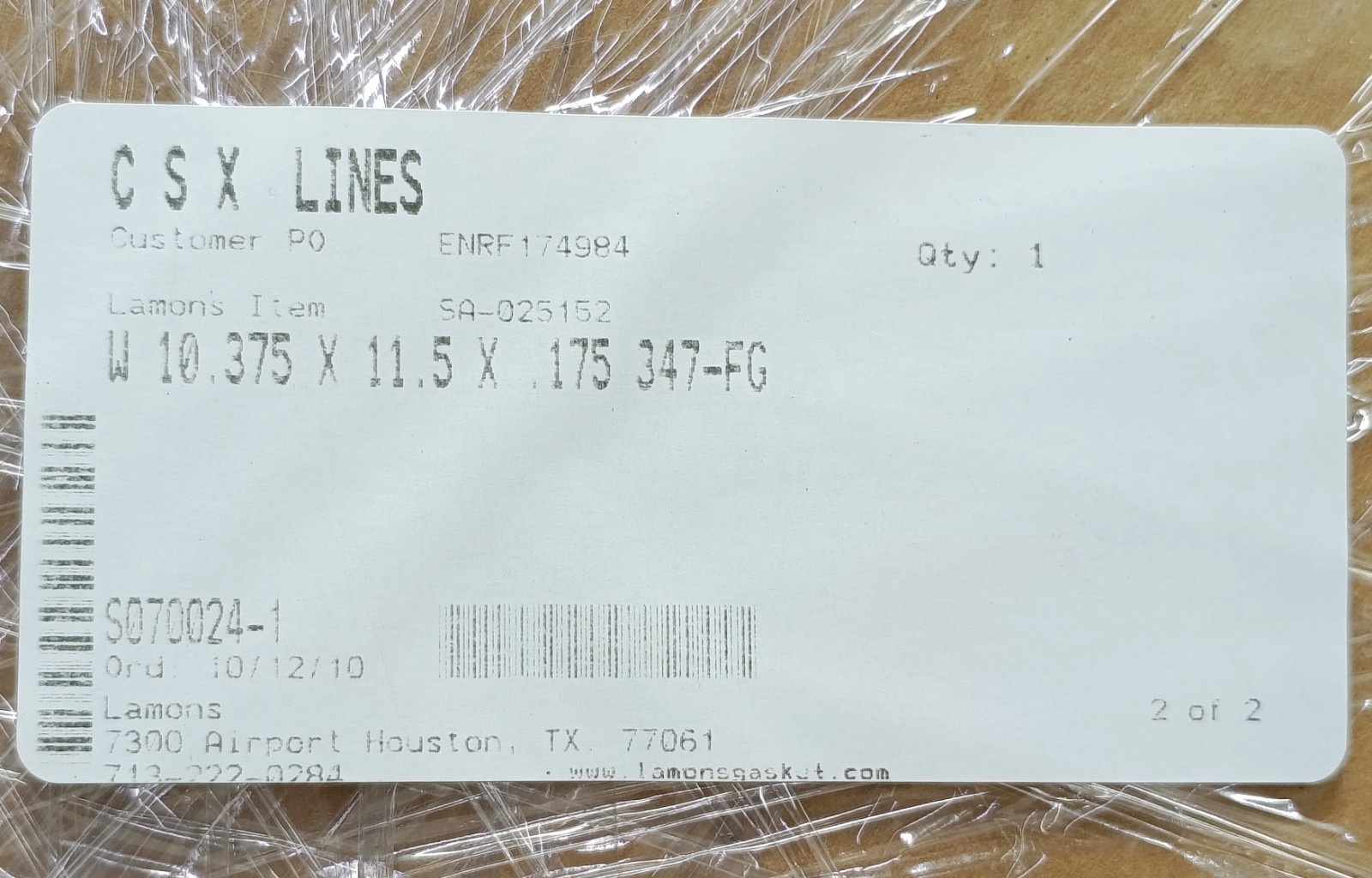 LAMONS SA-025152 W 10.375 X 11.5 X .175 347-FG SPIRAL WOUND GASKET NEW SURPLUS