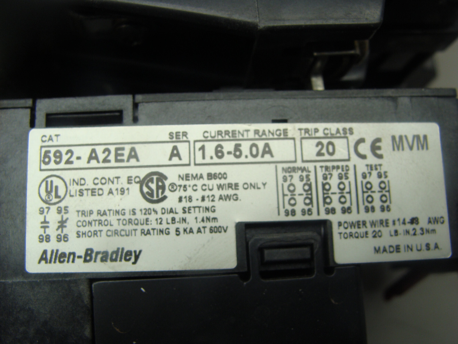 ALLEN BRADLEY CONTACTOR 509-B0D-XXX OVERLOAD RELAY 592-A2EA AUX CONTACT 595-A