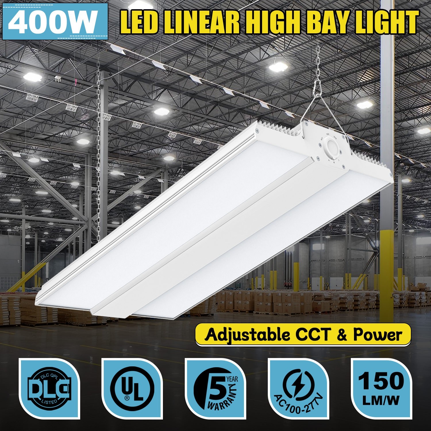 400W 60000LM 2.2FT LED Linear High Bay Shop Warehouse Lighting 4500K/5000K/5700K
