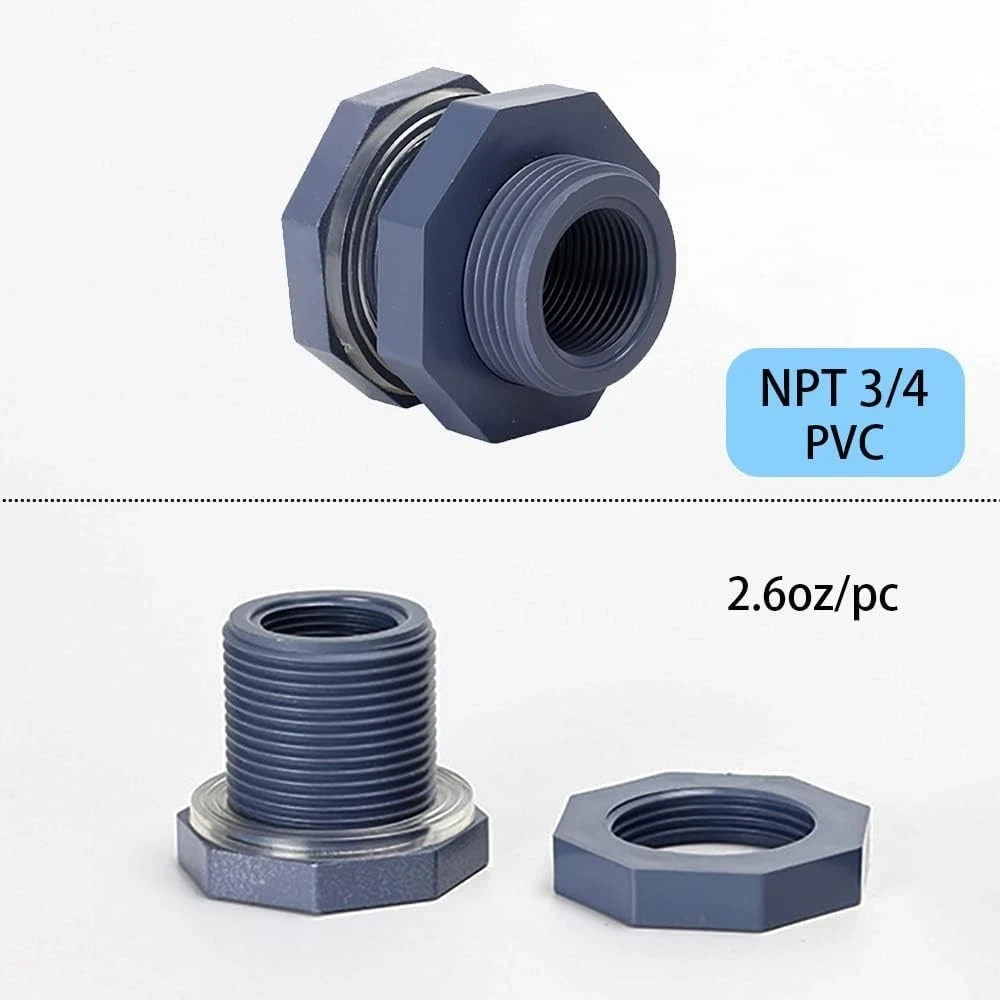 2 Pieces 3/4 Inch PVC Bulkhead Fitting for Water Barrel, Water Tank, Rain Barrel