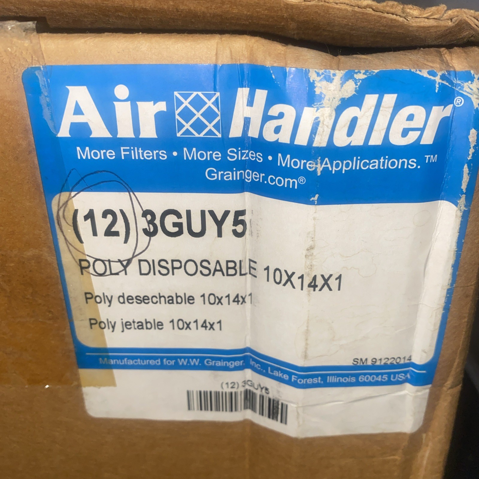 NEW Air Handler Air Filter Fiberglass 3GUY5 10x14x1, Case of 12