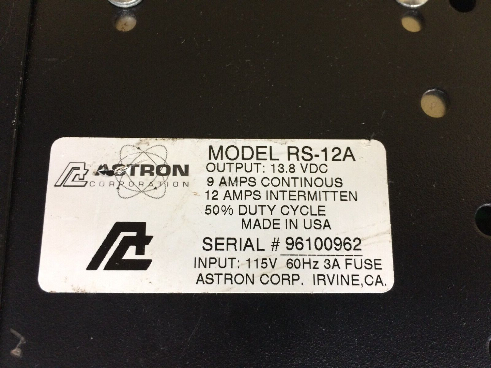 Astron RS-12A Power Supply, Tested, 13.8 VDC Output, 12 Amps Intermittent