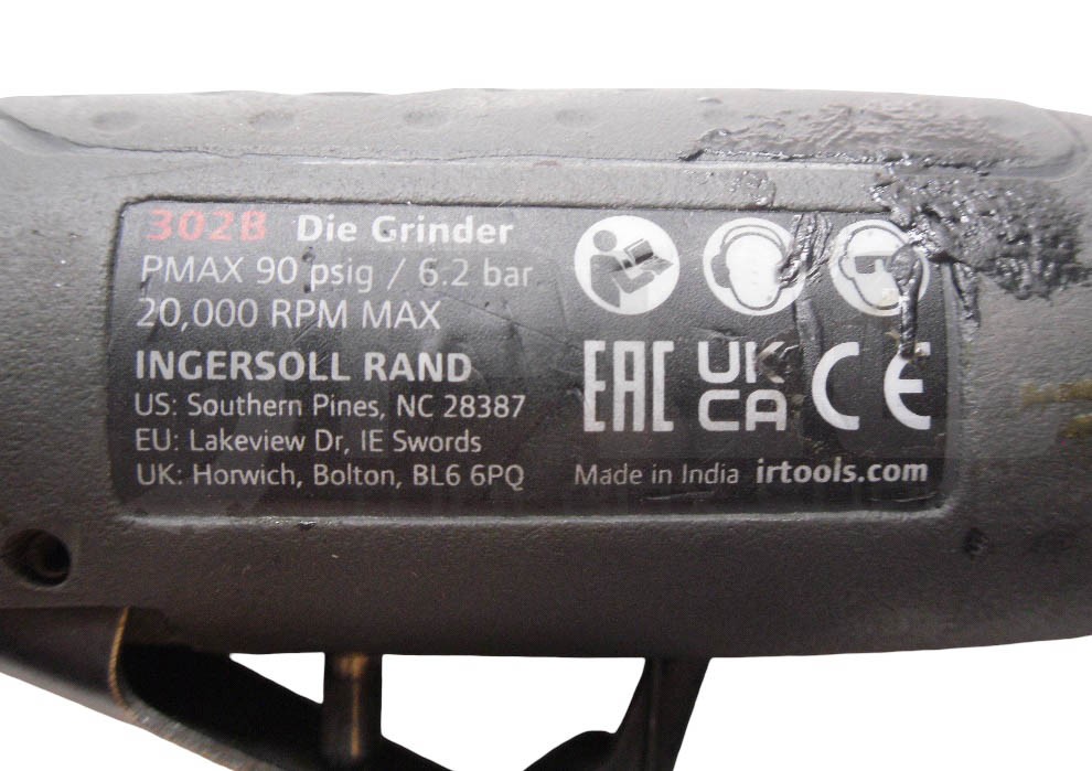 INGERSOLL RAND 302B PNEUMATIC ANGLE GRINDER, 90 PSI, 20,000 RPM, W/ H2C