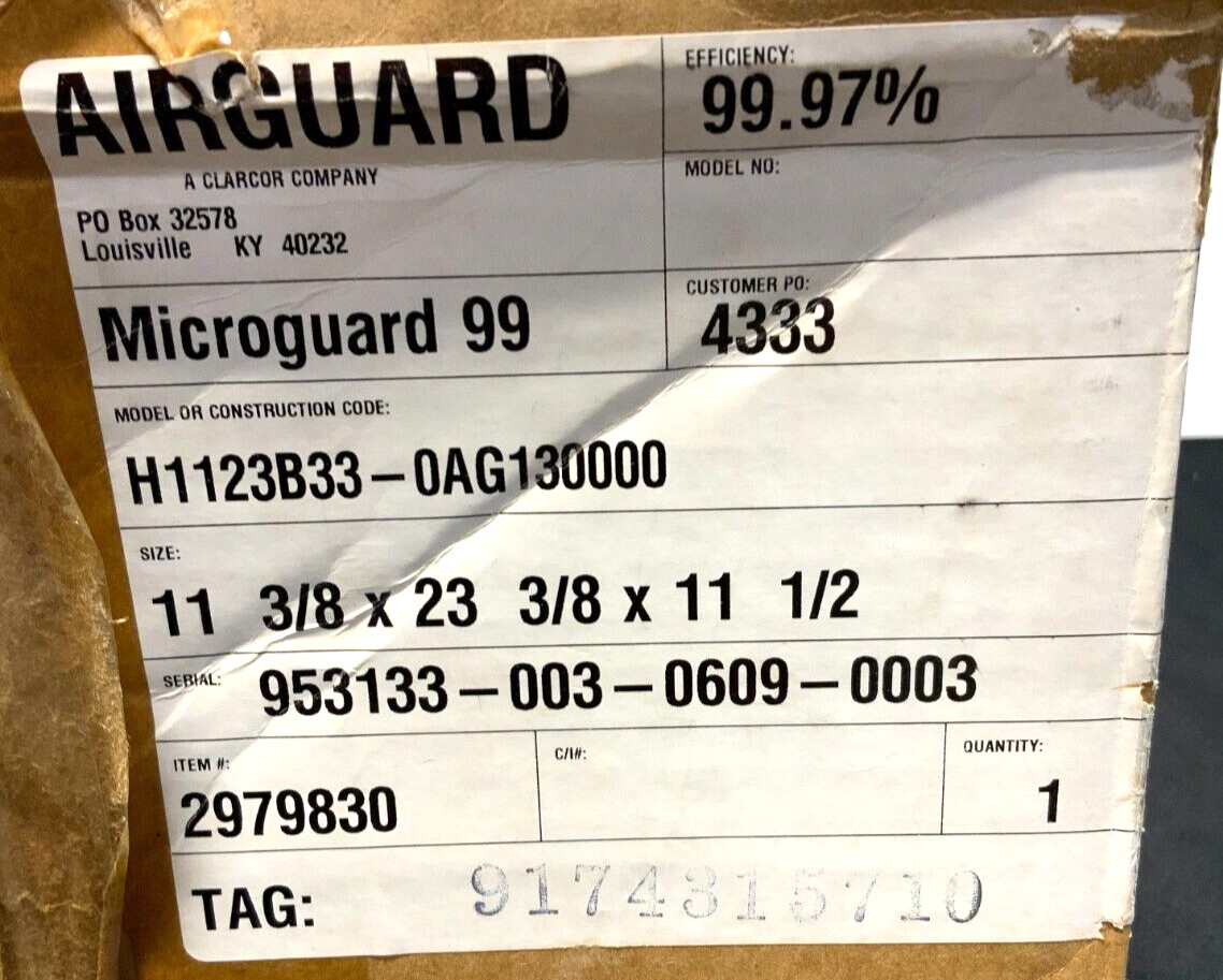 AirGuard Clarcor MicroGuard 99 H1123B33-0AG130000 Air Filter 99.97% 500CFM 201C