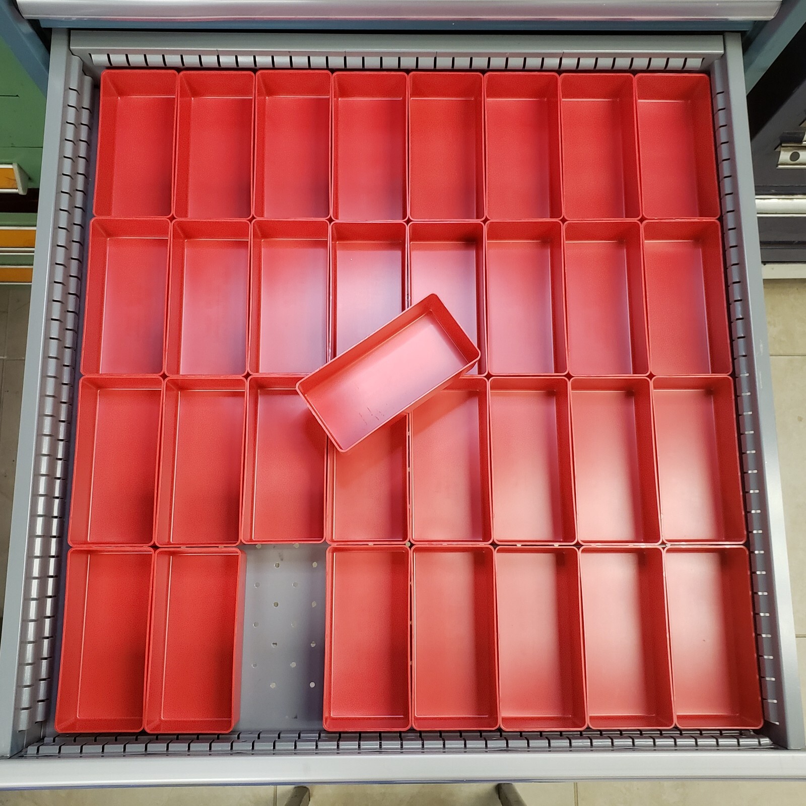 32 – 3x6x2 Red plastic drawer sorter boxes (actual depth is 1-3/4″)