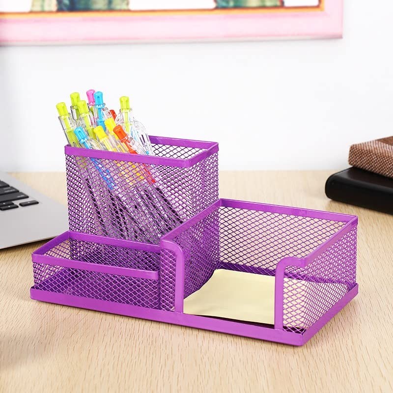 PURPLE Metal Mesh 3 Compartment Desk Organizer Pencil 3 Compartment, Purple