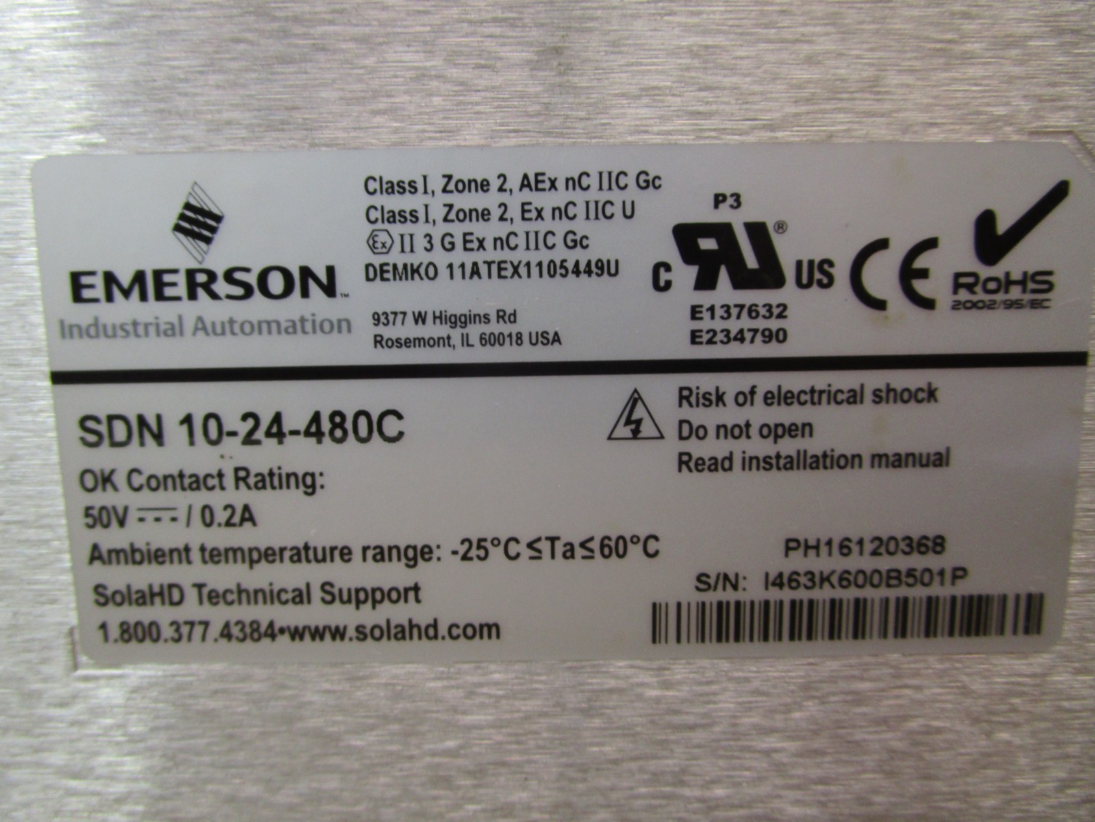 Emerson SDN 10-24-480C SOLA Power Supply OK Contact Rating 50V/0.2A 51981HM
