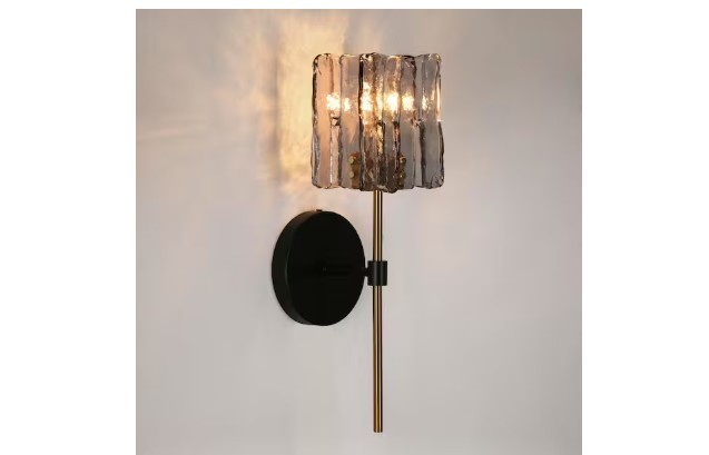 LNC Matte Black 1-Lt Modern Glam Sconce Brass w/ Square Gray Textured Glass