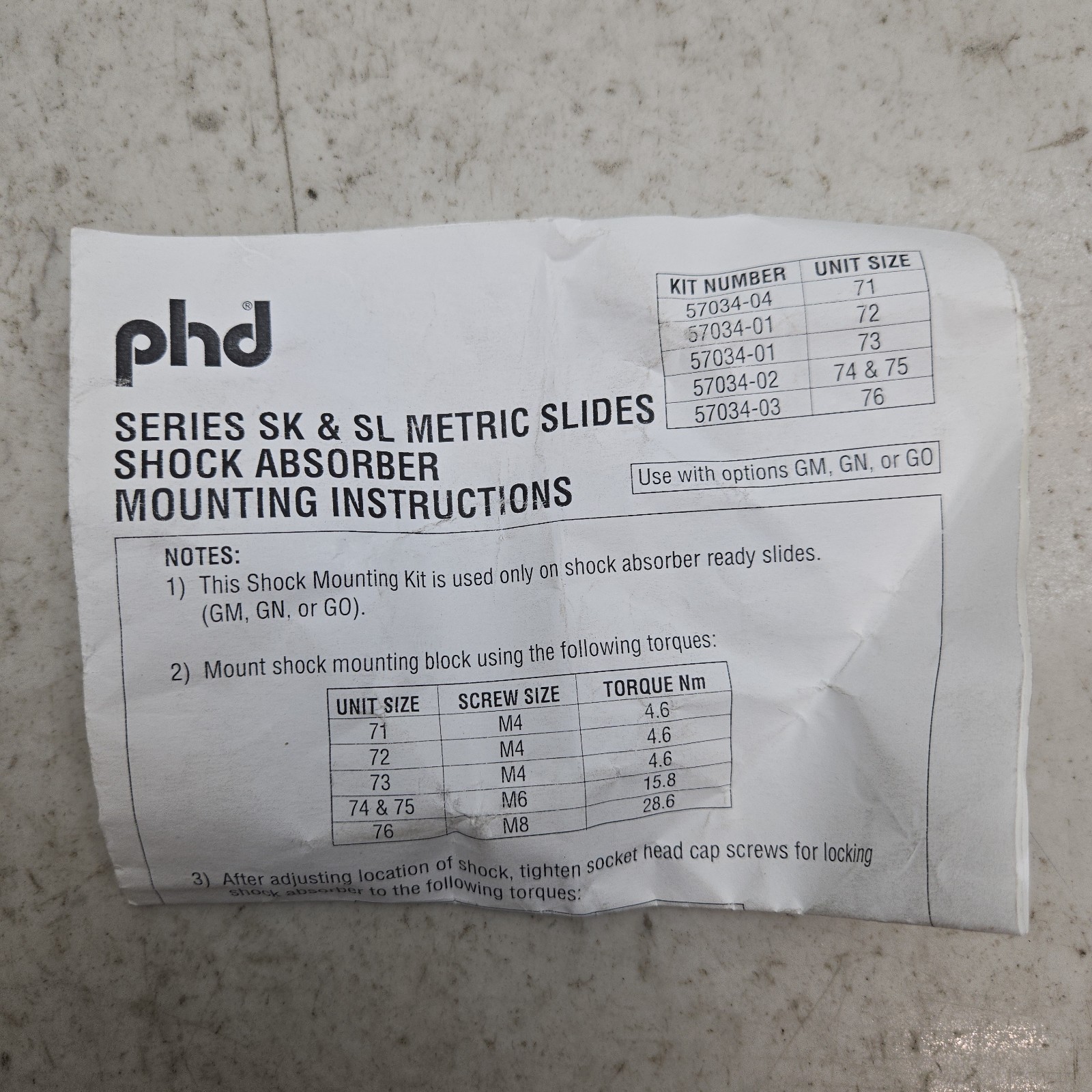 Phd 57034-02 Shock Absorber Mounting Kit For SK and SL Slides New See Pictures