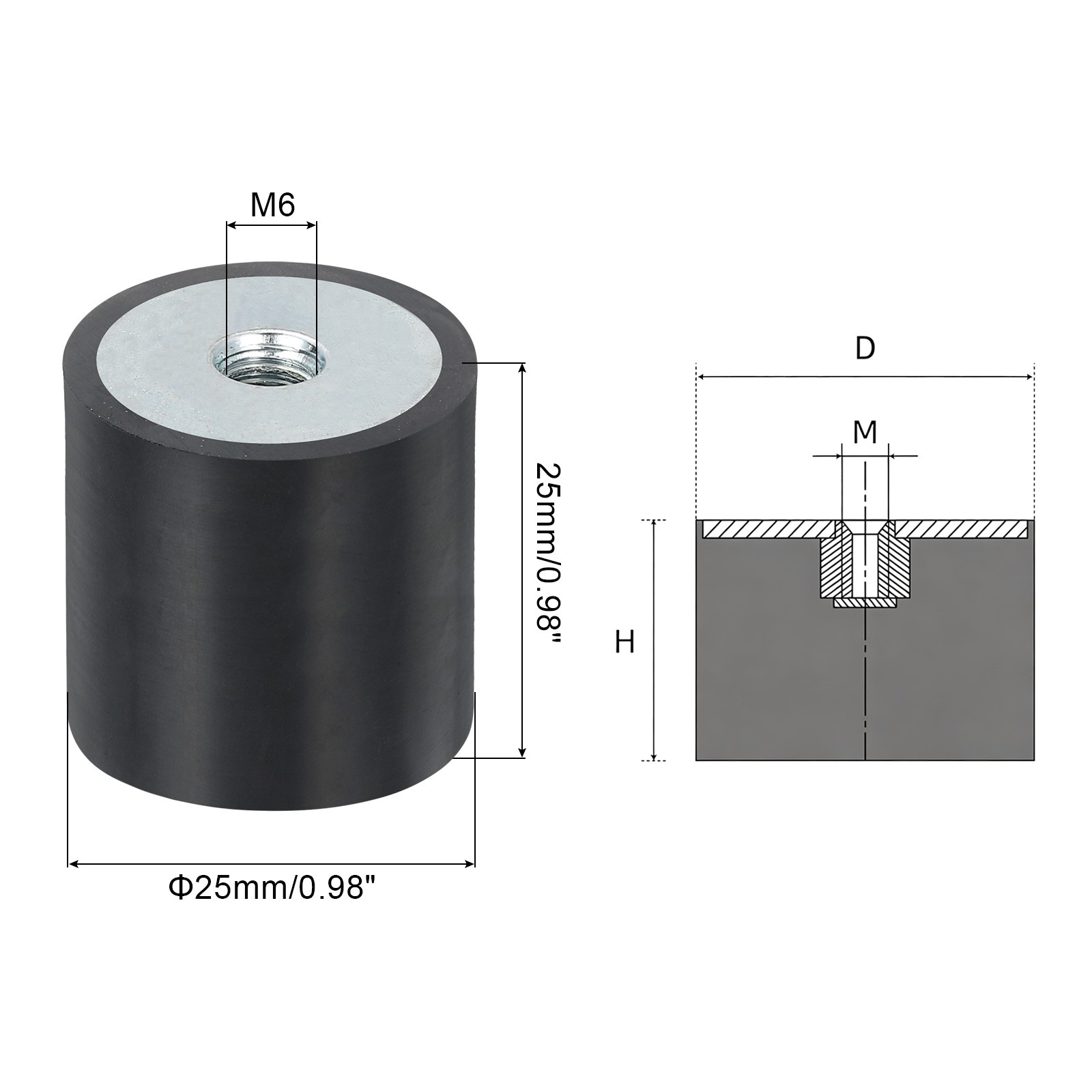 4Pcs 25 x 25mm M6 Female Thread Rubber Mounts, Replaces Silent Block Base Block