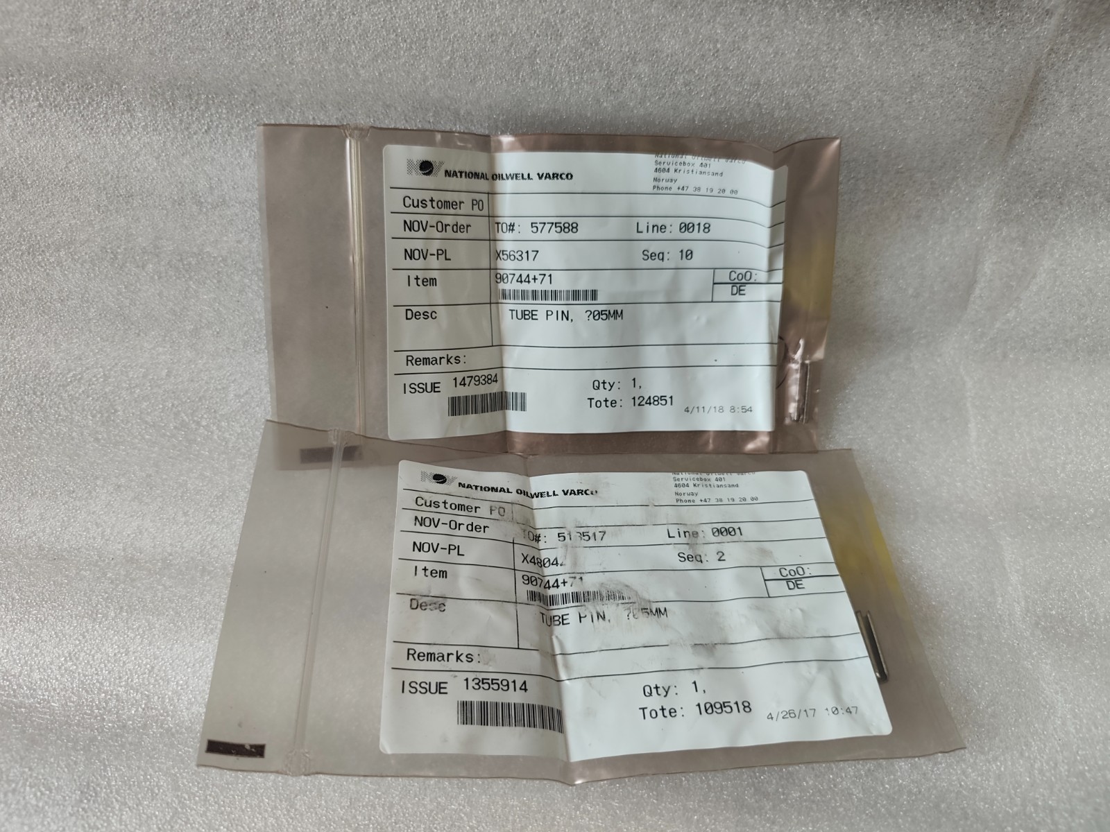 National Oilwell Varco NOV 90744+71 Tube Pin 5mm Z-BACK T6468 OEM Part Lot Of 2