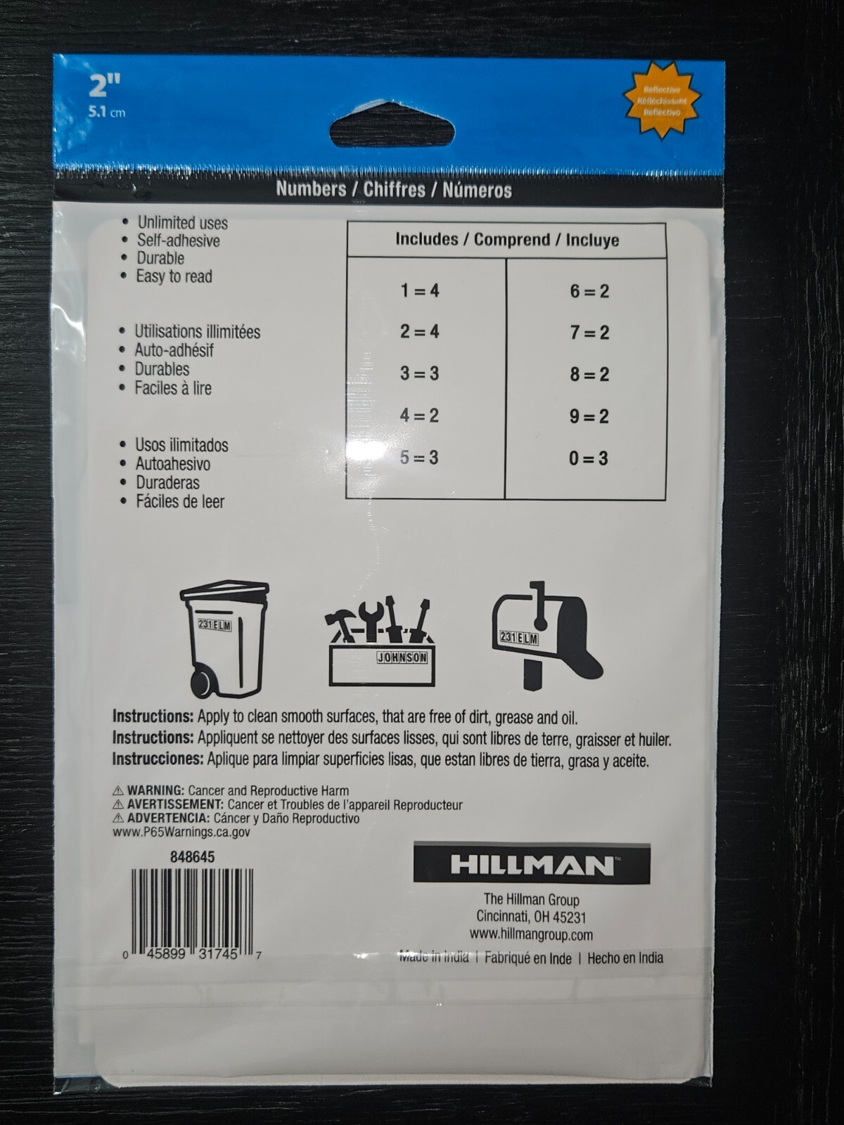 NEW Hillman 2 in. Reflective Black Mylar Self-Adhesive Number Set 0-9 (27 piece)