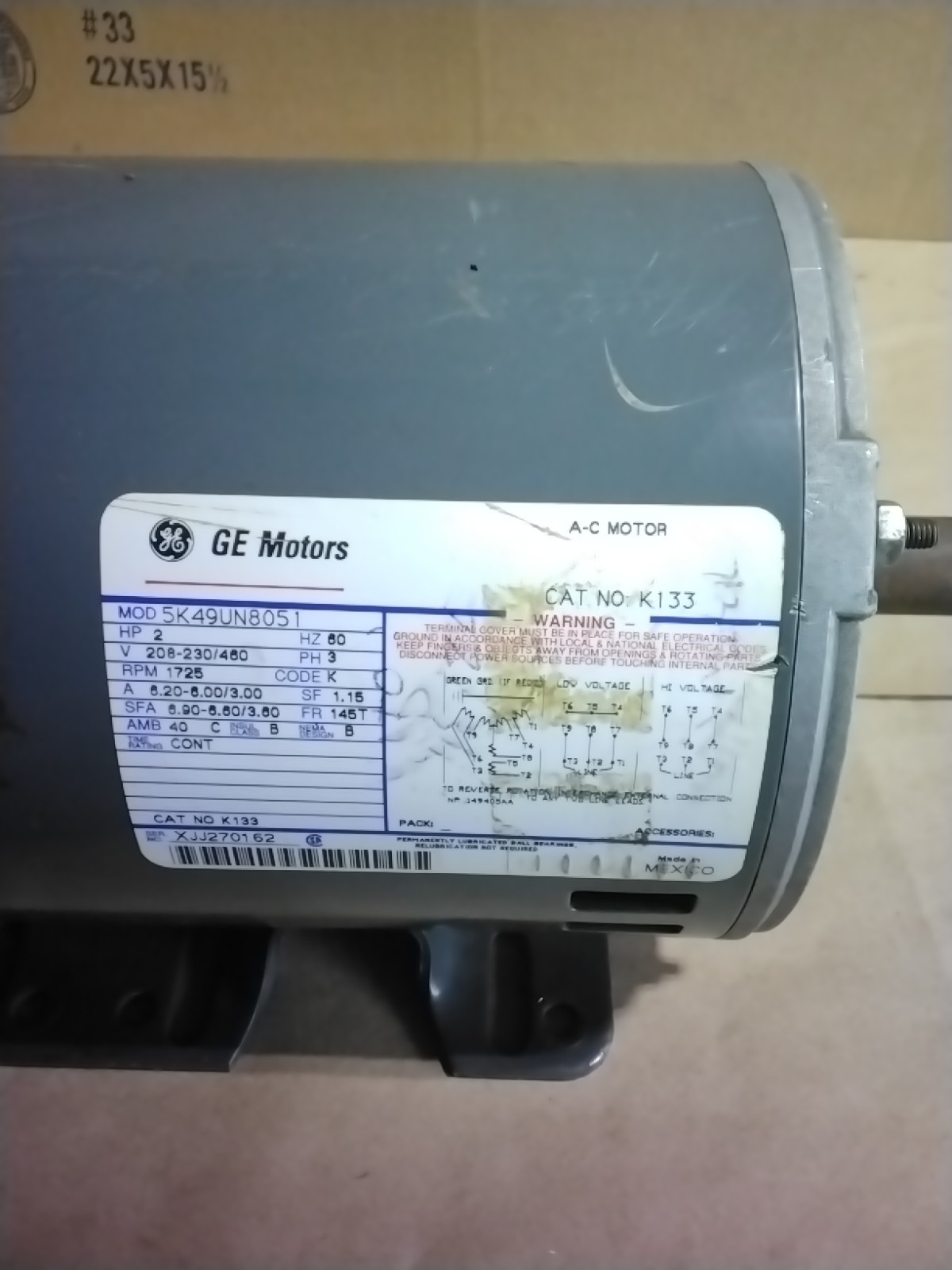 GE/GENERAL ELECTRIC K133 5K49UN8051 ELECTRIC MOTOR 2 HP 208-230/460V 1725 RPM