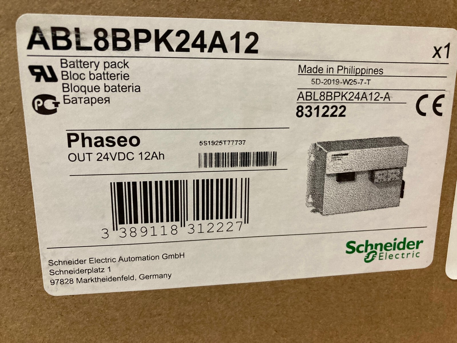 Schneider ABL8 BPK24A12 Power Supply Phaseo Battery Pack 24VDC 12Ah – Sealed