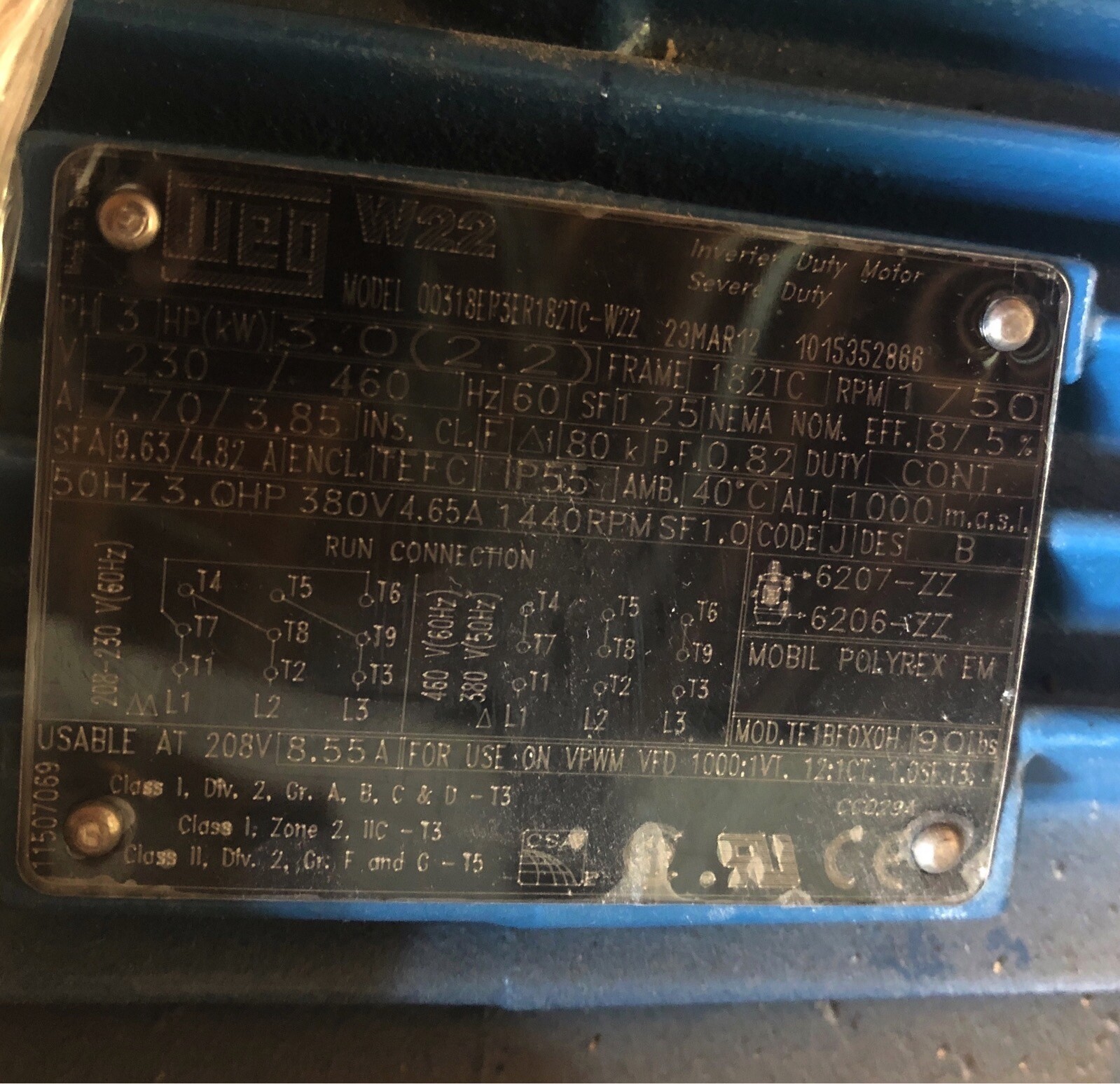 WEG 318EP3ER182TC-W22 AC MOTOR 460V SD100 1750RPM SHIPPING IS AVAILABLE