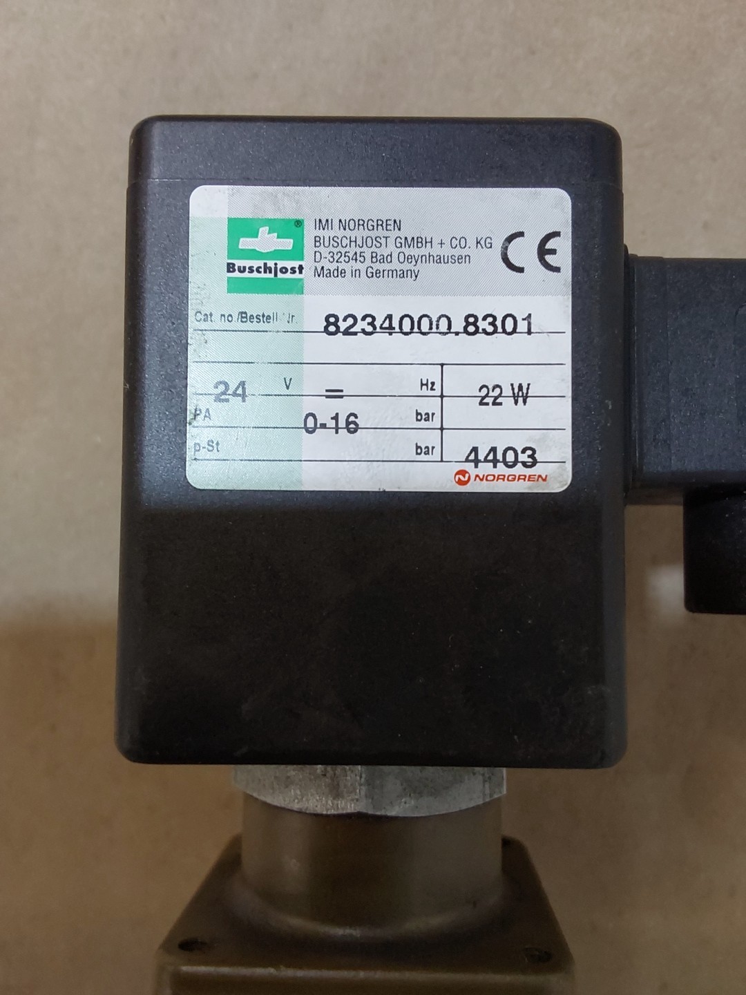 IMI NORGREN BUSCHJOST 8234000.8301 SOLENOID VALVE 24V 22W 0-16 BAR