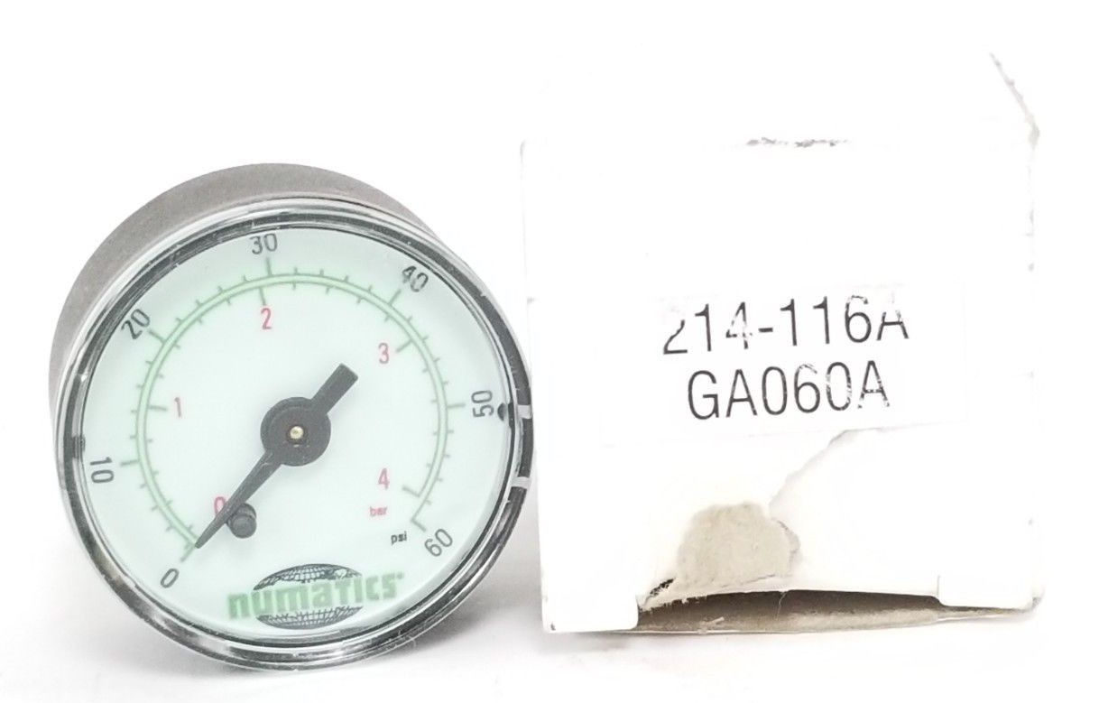 NIB NUMATICS 214-116A GAUGE 2”, 1/4” THD, 0-60PSIG, 0-4BAR, 214116A