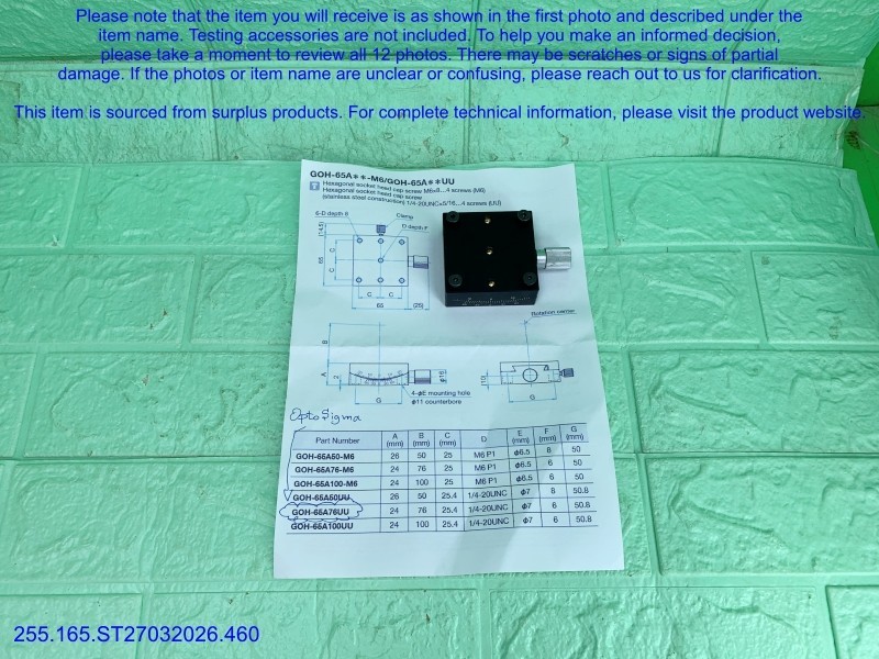Optosigma G0H-65A76UU 1-Axis Brass Goniometers as shown in photos, sn:9336, DHL.