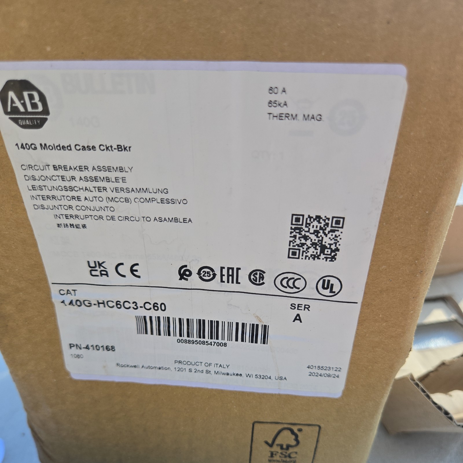 NEW ALLEN BRADLEY 140G-HC6C3-C60 CIRCUIT BREAKER 60A 3P 480V-600Y/347V 50/60HZ