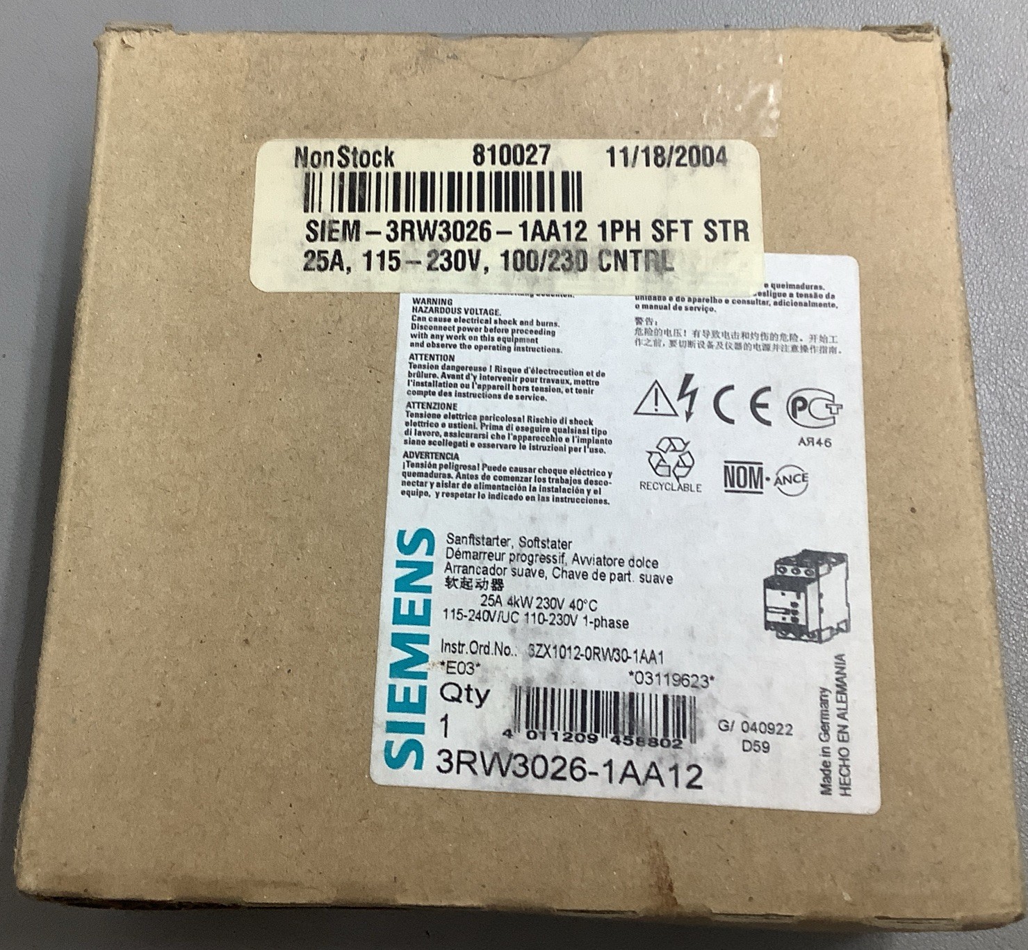 Siemens 21A 1PH 230v Soft Starter 3RW3026-1AA12 (b524)