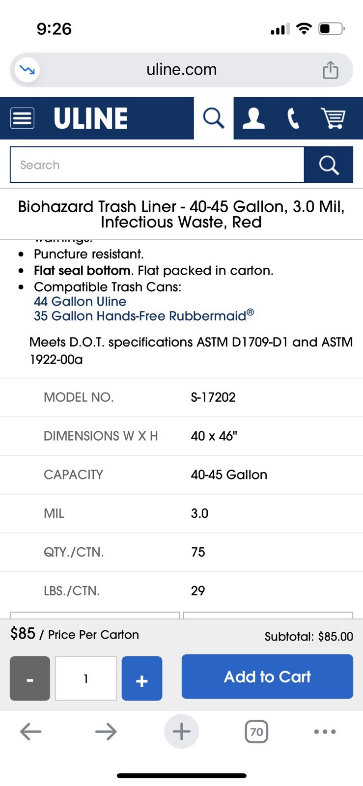 ULINE Biohazard Trash Liner 45 Gallon, 3.0 Mil, Infectious Waste, Red 75 ct