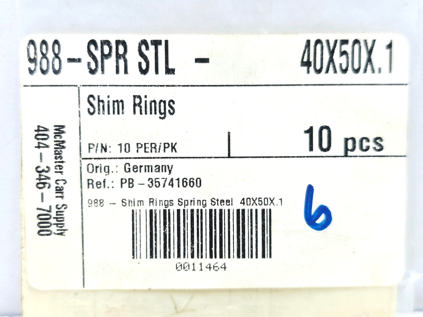 MCMASTER 10 PER/PK 988-SPR STL 40X50X1 SHIM RINGS SPRING STEEL 30171333-1 40PCS