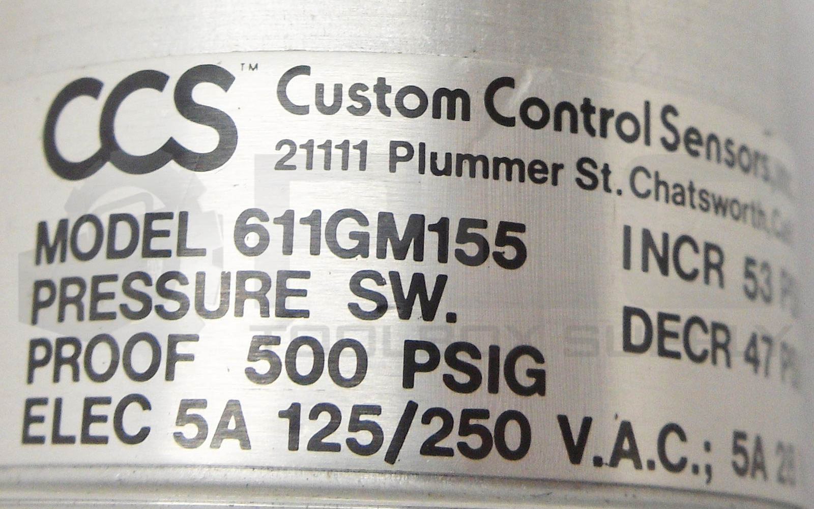 NEW CCS 611GM155 PRESSURE SWITCH INCR 53PSIG 47 PSIG PROOF 500 PSIG