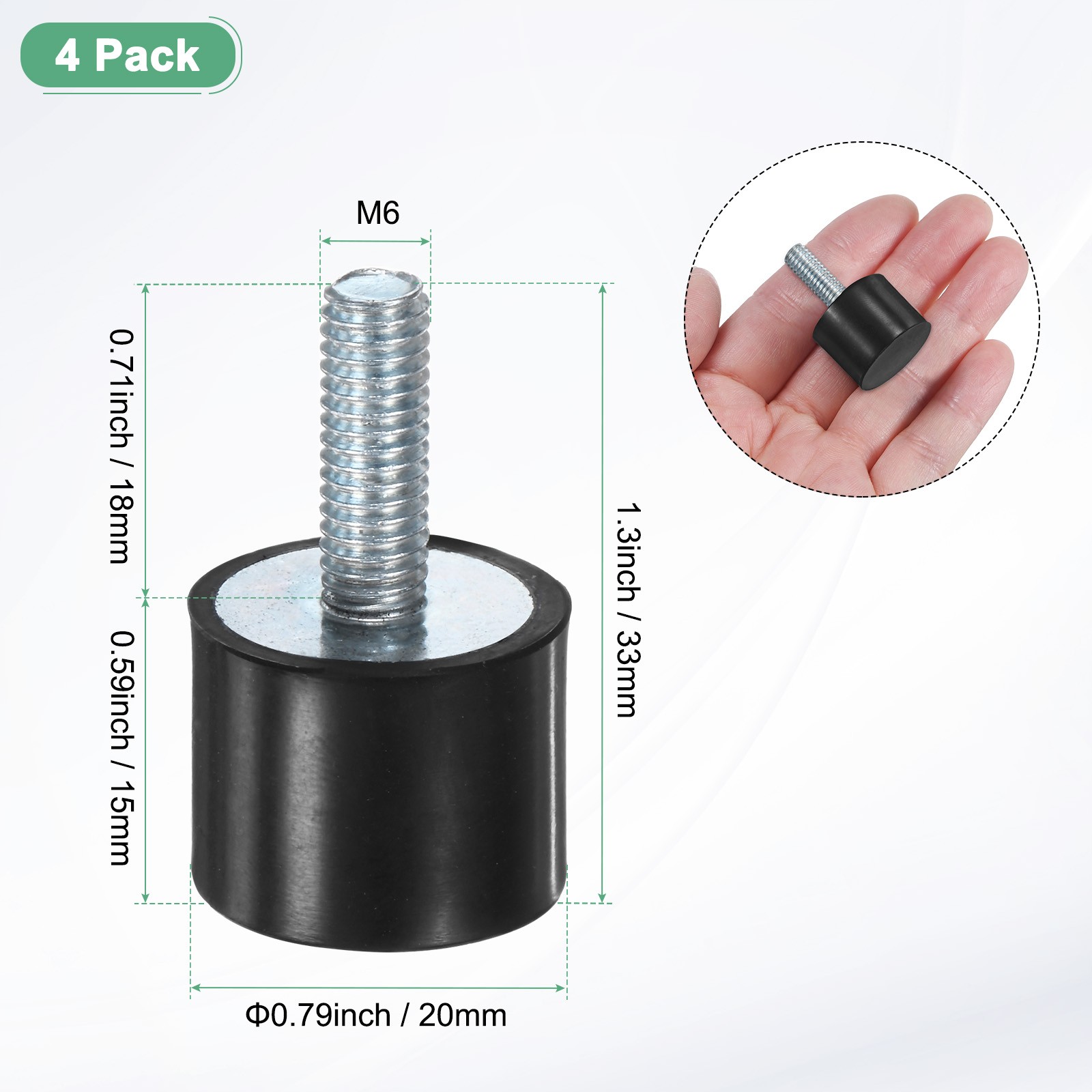 4-Pack Rubber Mounts with M6 x 18mm Studs Male D20mmxH15mm