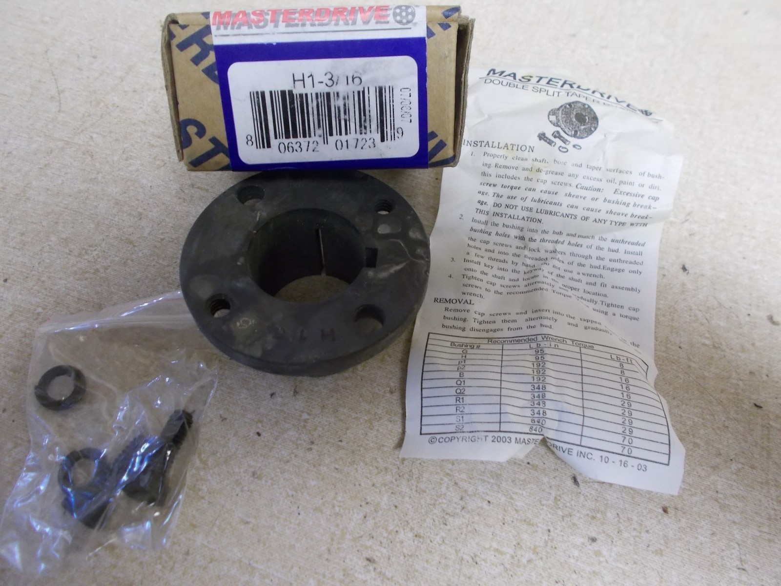 NEW Masterdrive H1-3/16 Double Split Taper Bushing *FREE SHIPPING*