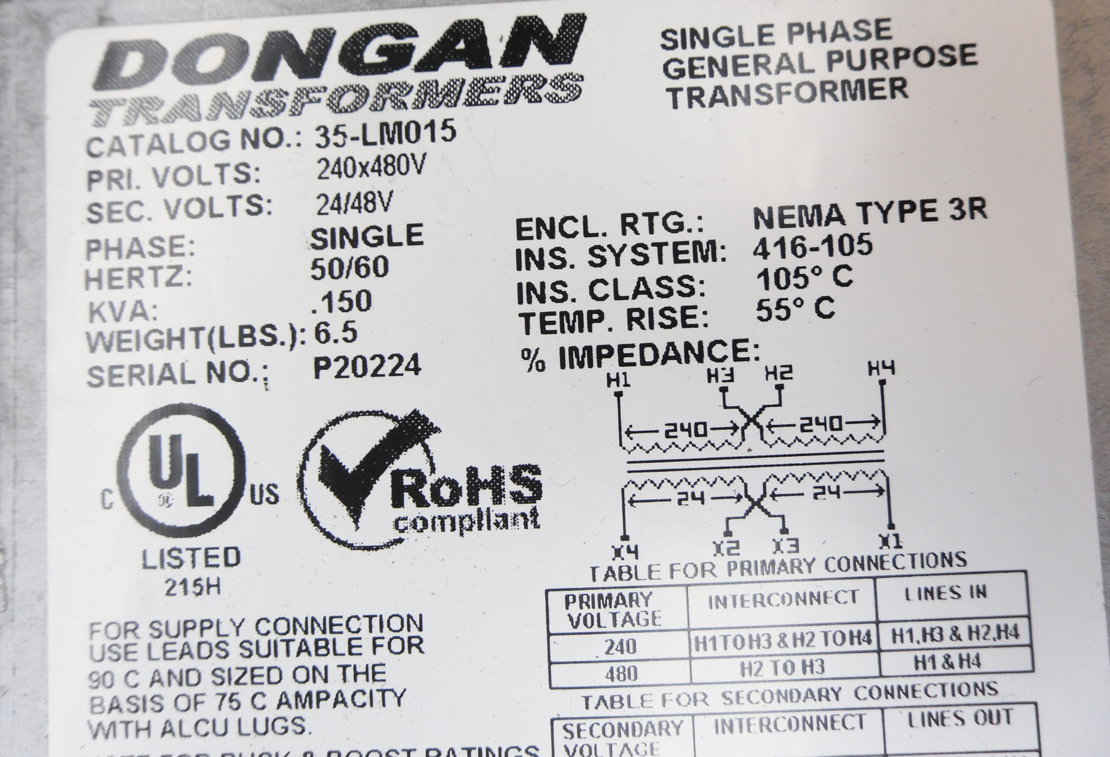 NEW DONGAN 35-LM015 GENERAL PURPOSE TRANSFORMER 240-480V 50/60HZ 1PH