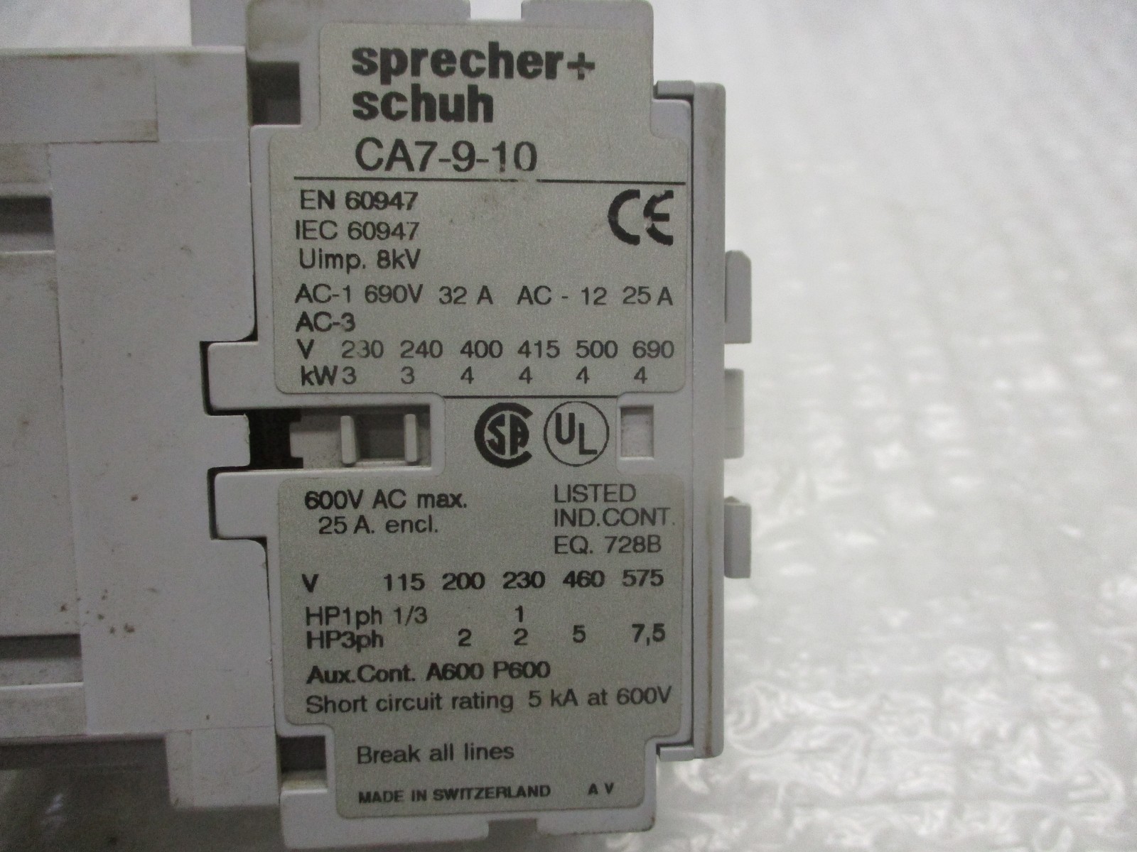 SPRECHER+SCHUH CA7-9-10 CONTACTOR 24V NSNP