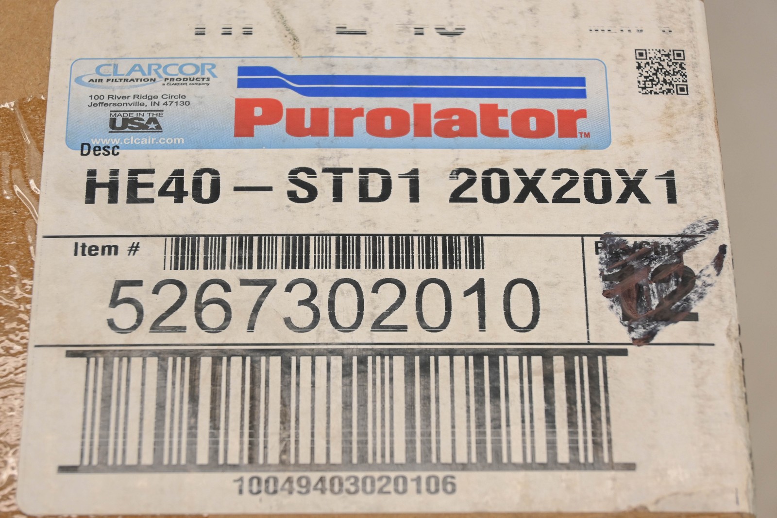 Clarcor 5267302010 Purolator HE40 STD1 Air Filter 20″20″x1″ NOS
