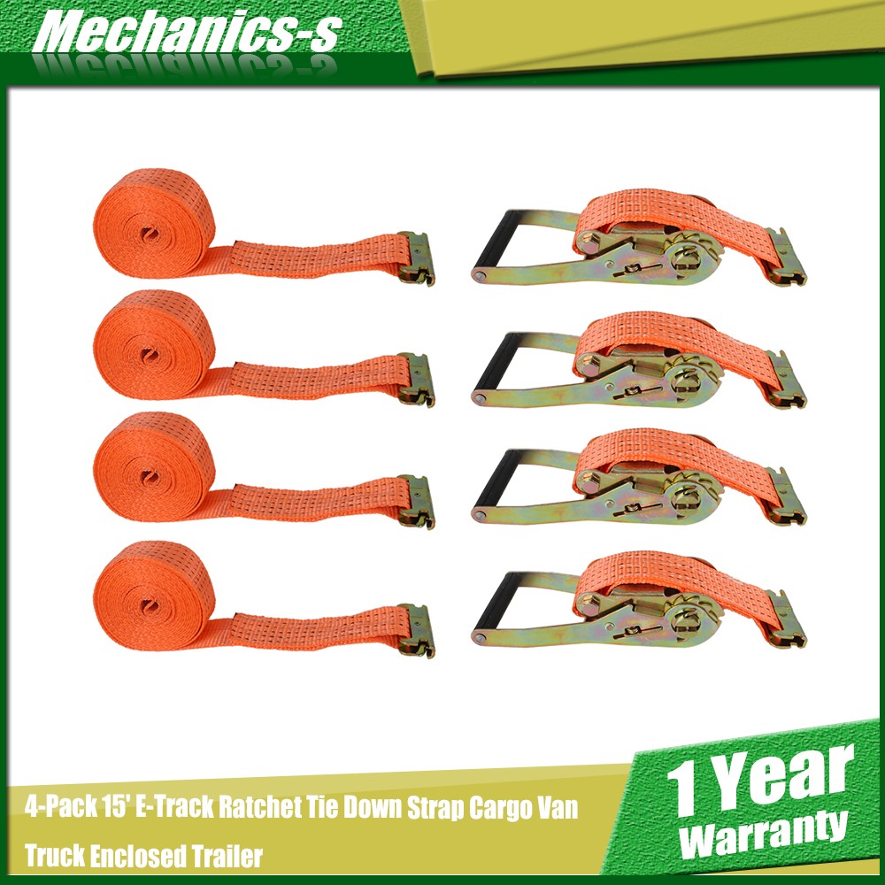 4-Pack 15′ E-Track Ratchet Tie Down Strap Cargo Van Truck Enclosed Trailer