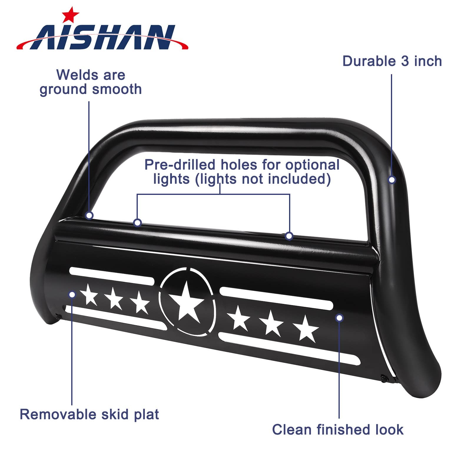 AISHAN Bull Bar 3 Front Grille Brush Push Bumper Guard with Removable Skid Pl…