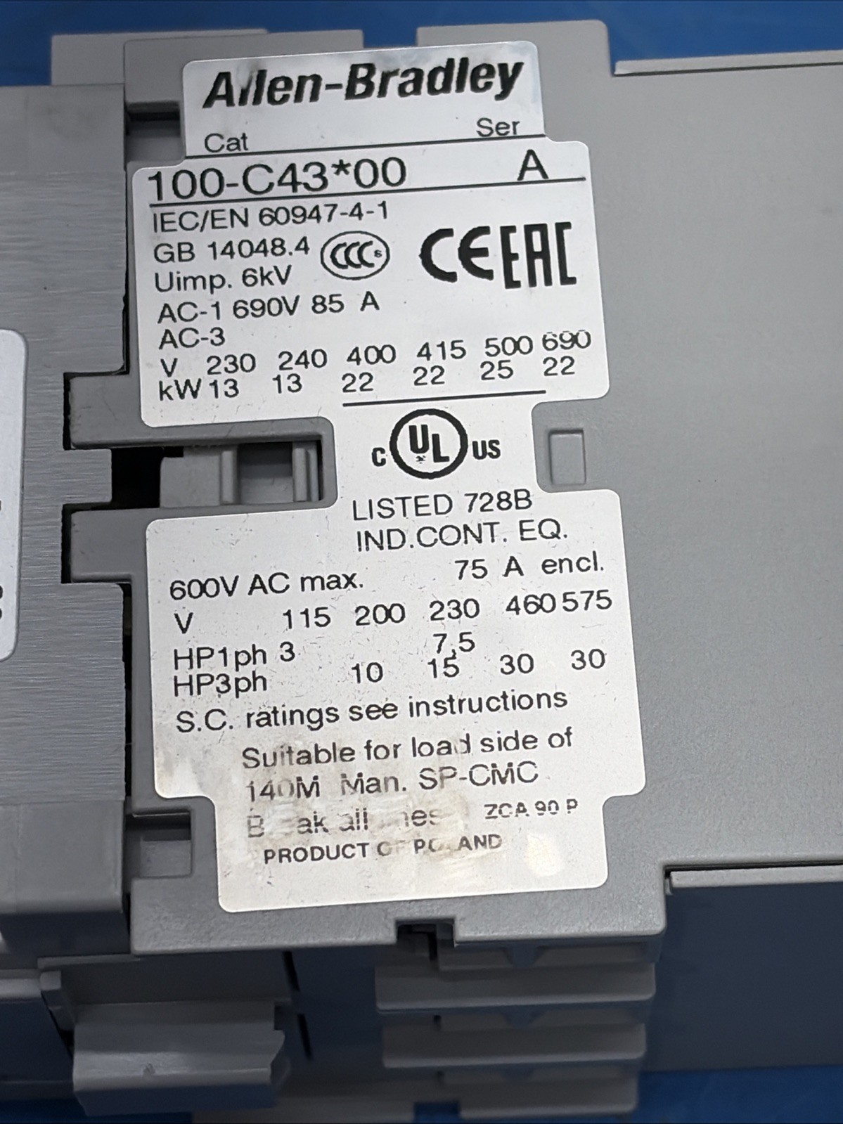New! Allen Bradley 100-C43L00 Contactor 100-C43*00, 208-240V 60Hz Coil Ser A NIB