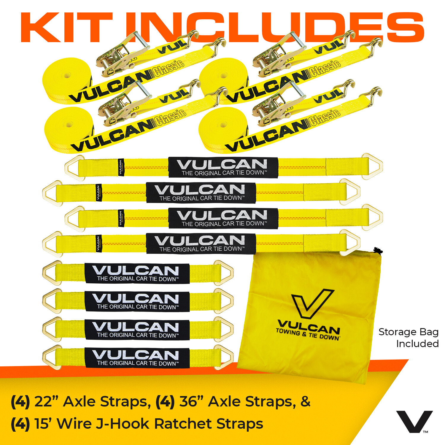 VULCAN Classic Yellow Axle Strap Tie Down Kit – Wire Hook Ratchet Straps