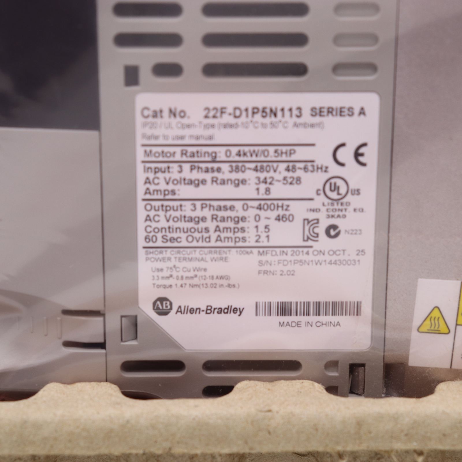 Allen-Bradley AB 22F-D1P5N113 /A PowerFlex 4M Drive 380-480V 3PH 1.5A 0.5HP