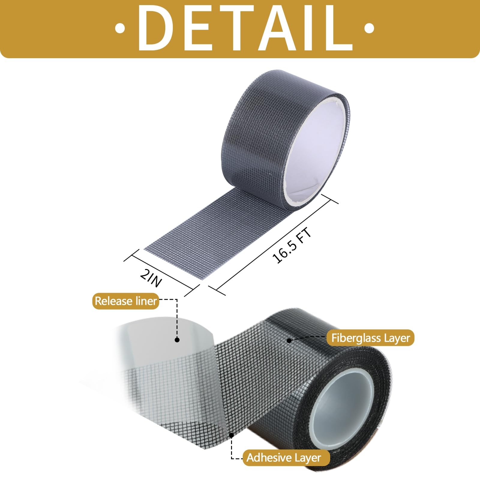 Window Screen Repair Kit 16.5FT 3-Layer Strong Adhesive & Large, Grey